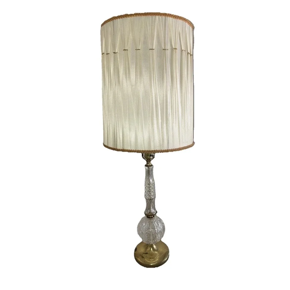 Vintage Hollywood Regency Table Lamp Etched Glass Gold Base Cream MCM 37
